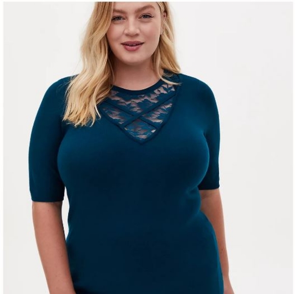 Torrid Teal Sweater Knit Lace Onset Top 2 - Picture 1 of 4